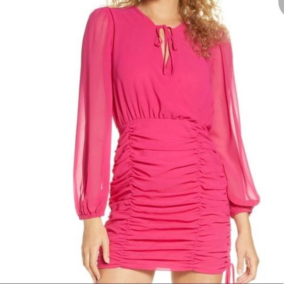 NWT Finders Keepers - Fuchsia Pink Pia Dress Rouched Long-Sleeve Minidress - M - Picture 13 of 13
